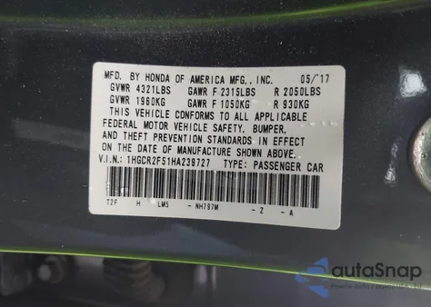 2017 Honda Accord Sport z USA, uszkodzony, nr VIN 1HGCR2F51HA239727